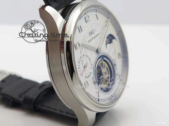 MIROTIME 0518 UrbanStyle Portuguese Tourbillon Power Reserve Moonphase SS White Dial On Black Leather Strap 7318